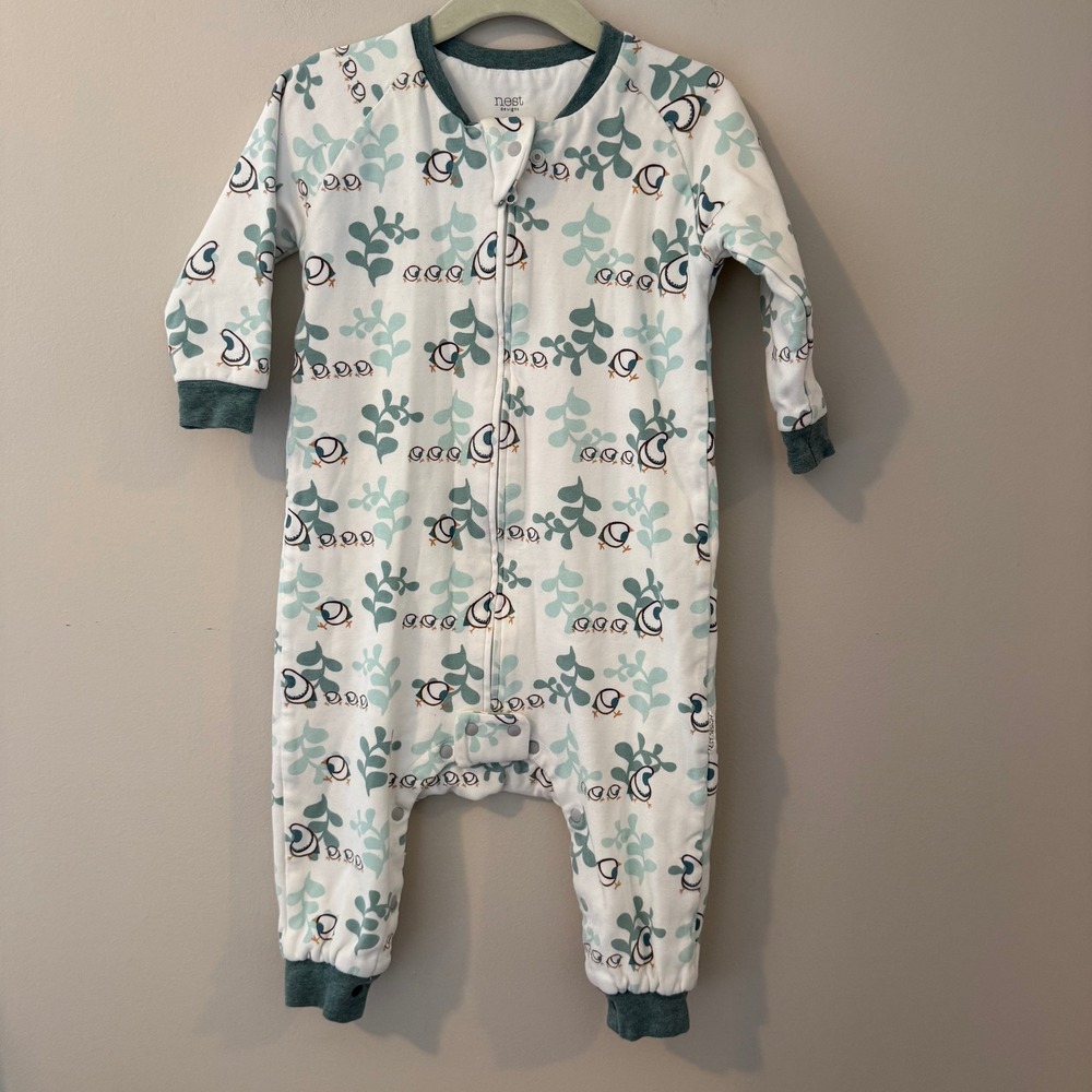Nest Designs Organic Cotton Sleep Suit Bird Leaf Print‎ 1.0 TOG Teal White S/80